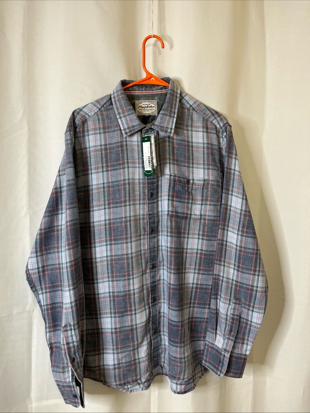 Flag & Anthem Men’s  Plaid Shirt Button Up Burnout Large Navy Light Blue Coral